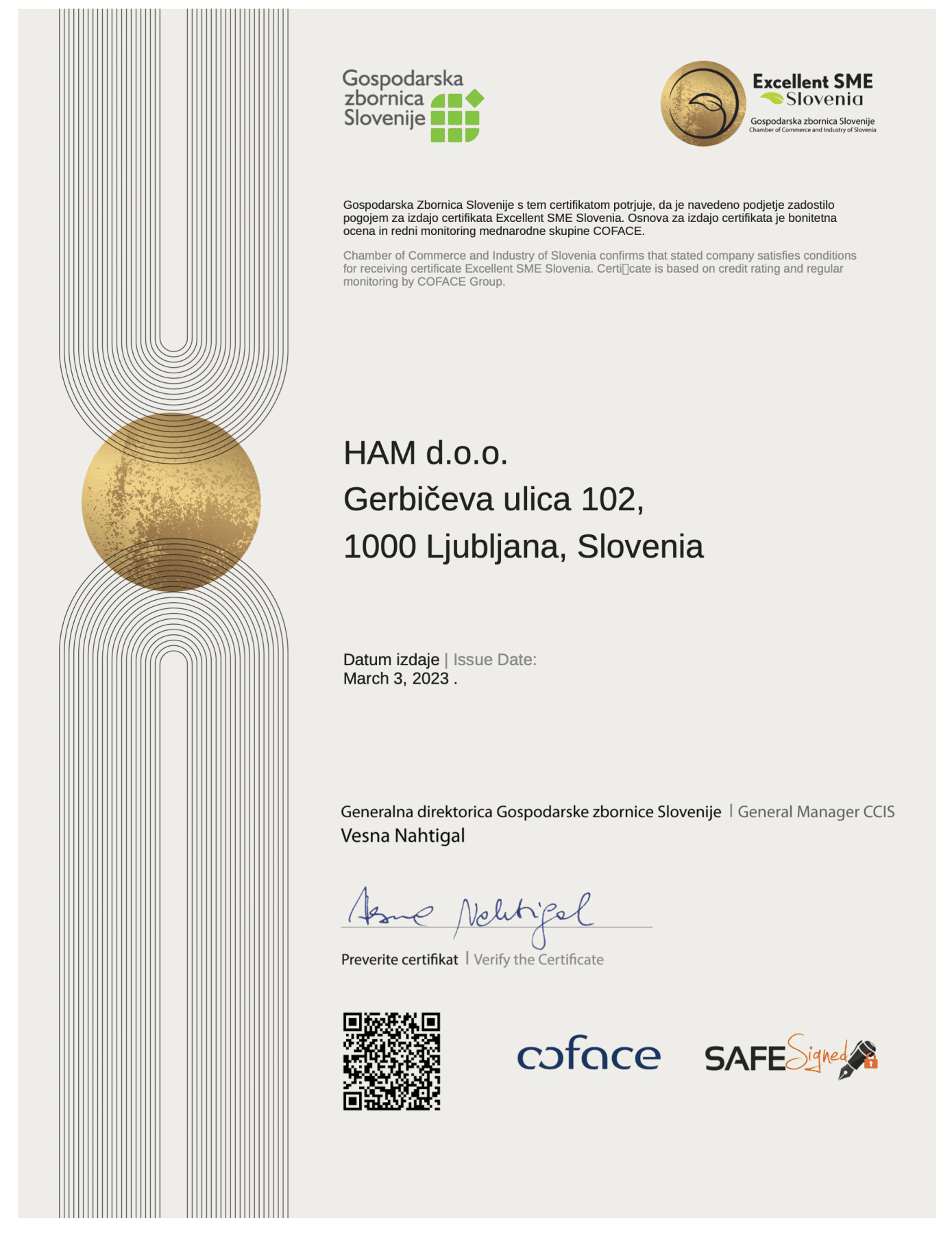 Certifikat Excellent SME Slovenia